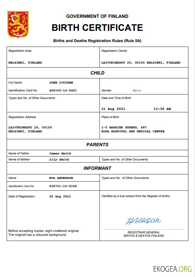 Modèle Word et PDF d'acte de naissance d'acte d'état civil en Finlande